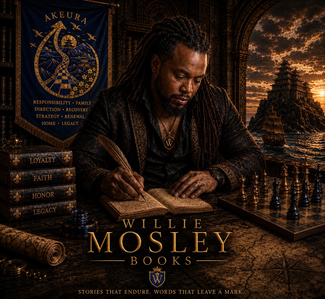 Illustrated author artwork: Willie writing beside books and a chessboard, with the Akeura coast beyond.